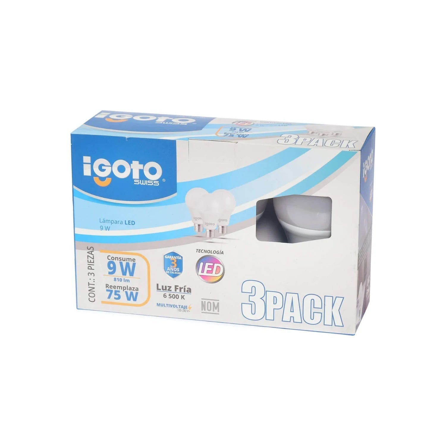 Paquete de 3 focos LED Igoto Swiss 9W luz fría 6500K, reemplaza 75W