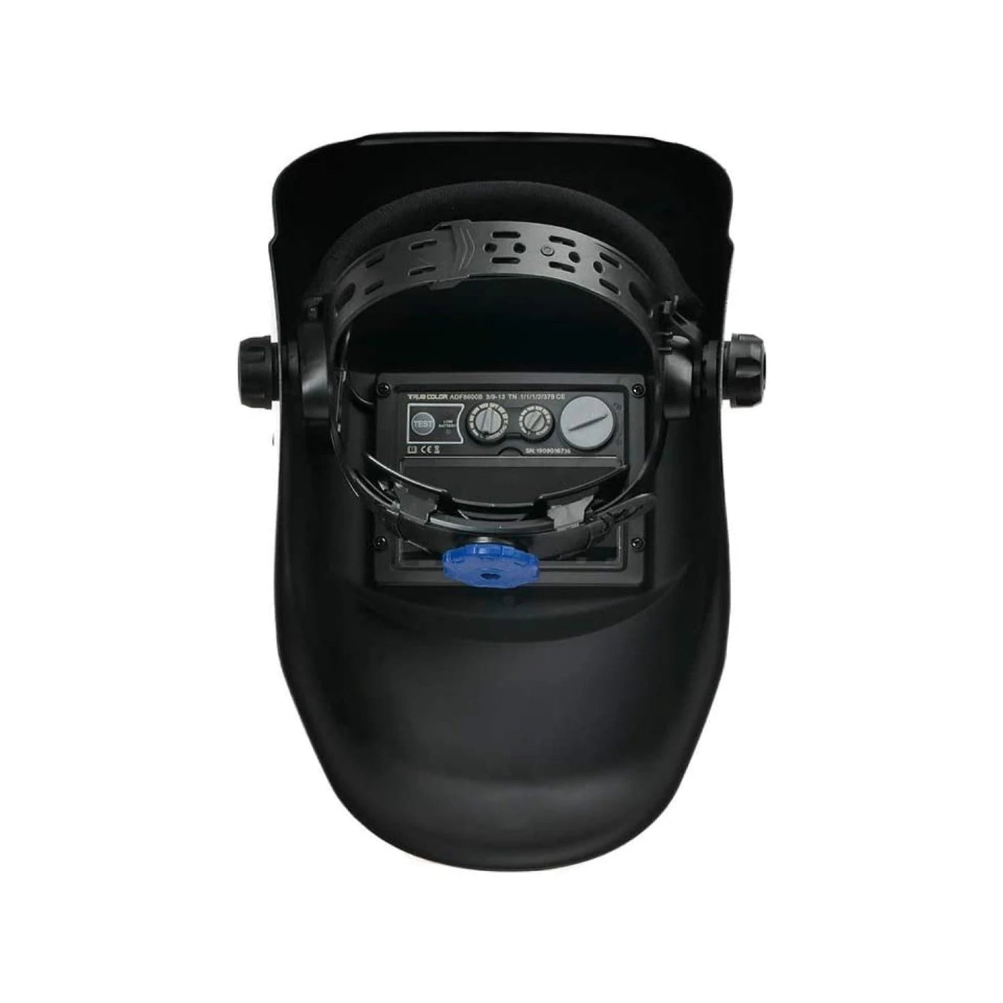 Careta soldar automática negra, vista interior con arnés ajustable, filtro ADF con controles de sombra, sensibilidad y delay.