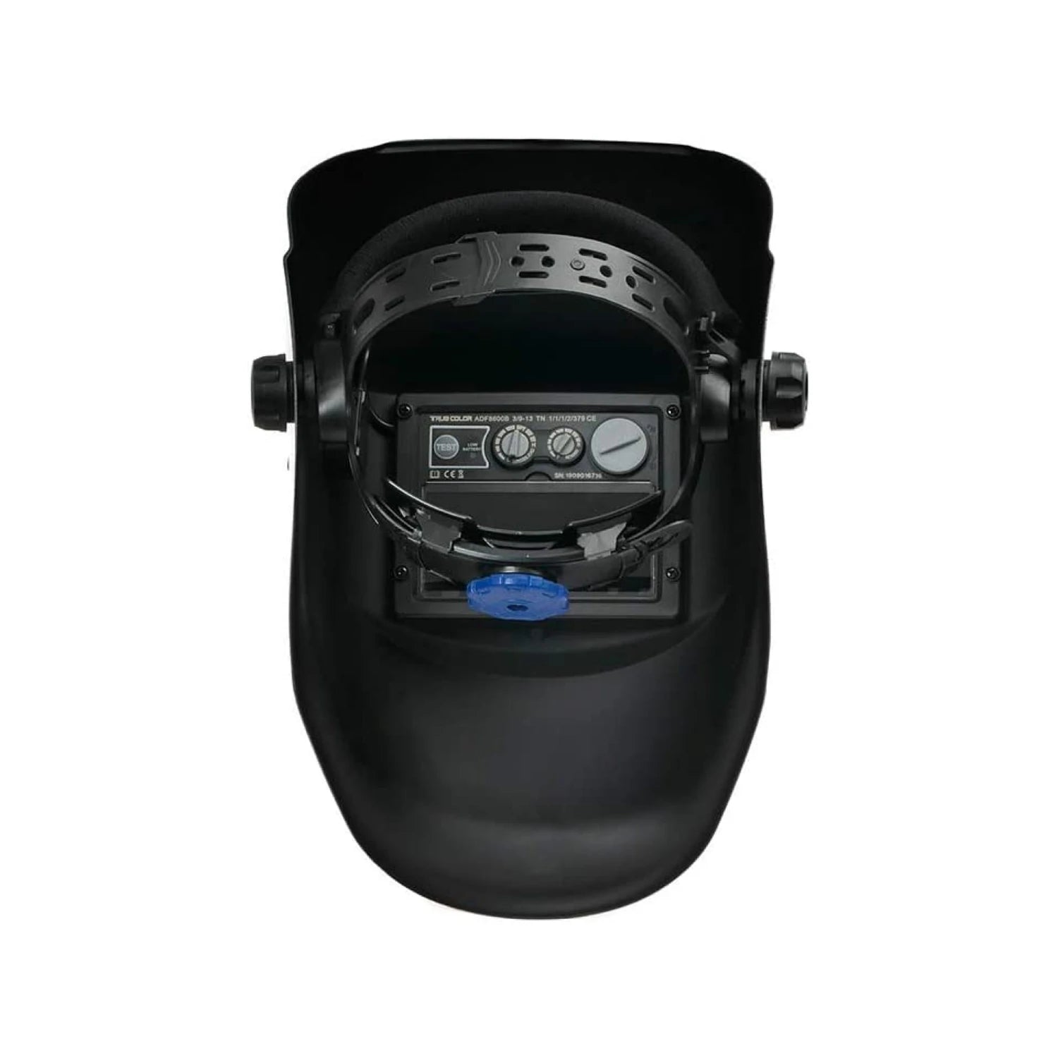 Careta soldar automática negra, vista interior con arnés ajustable, filtro ADF con controles de sombra, sensibilidad y delay.
