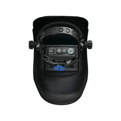 Careta soldar automática negra, vista interior con arnés ajustable, filtro ADF con controles de sombra, sensibilidad y delay.