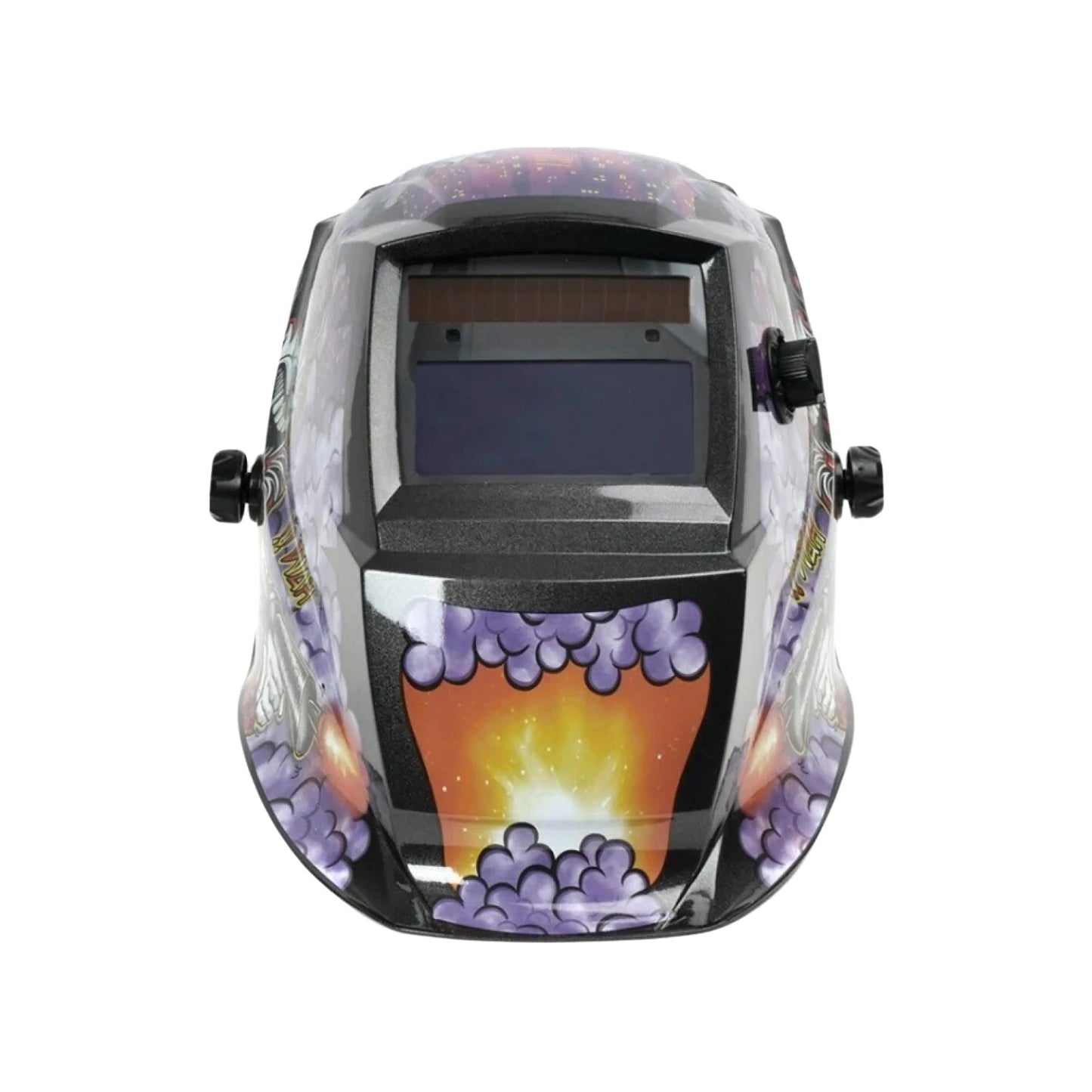 Careta para soldar automática con diseño morado y naranja, pantalla auto-oscurecible y perillas de ajuste.