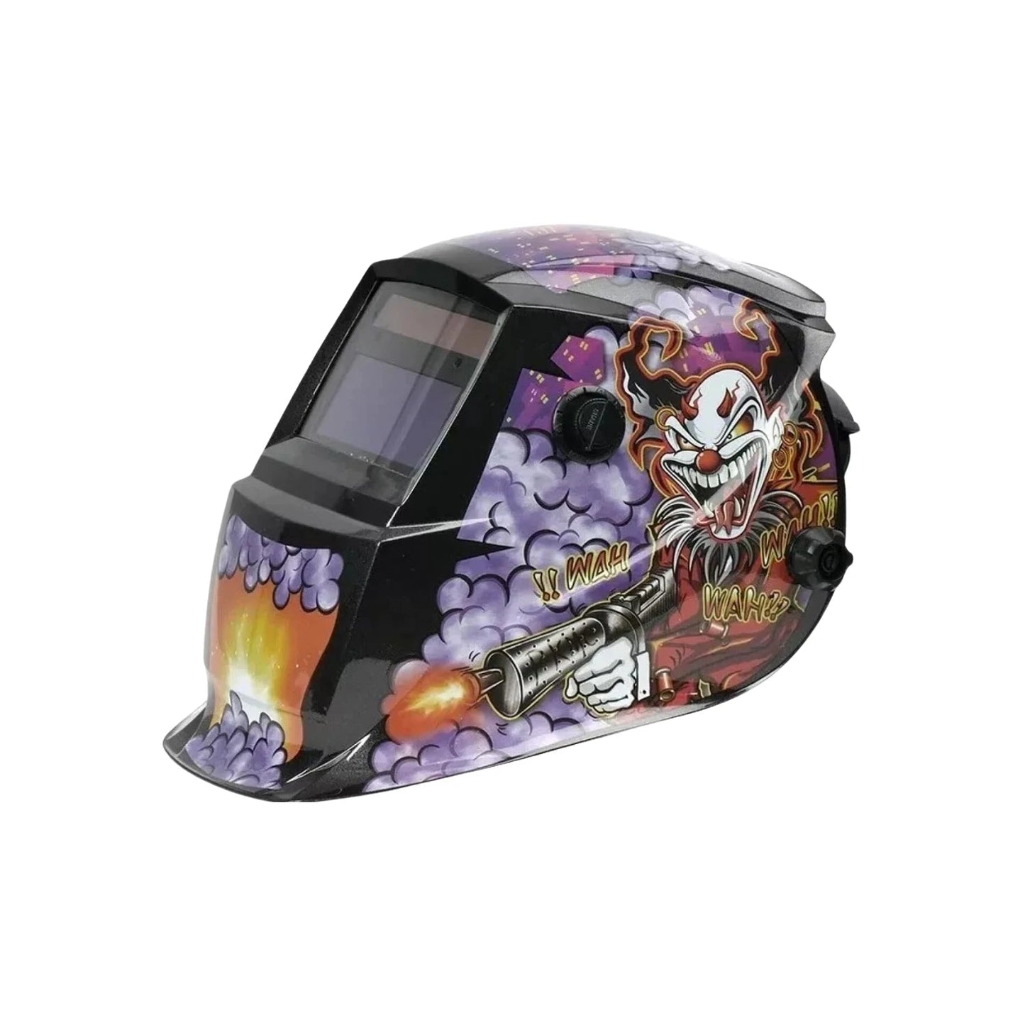 Careta para soldar automática con diseño de payaso, pistola de humo y colores vibrantes para soldadores.