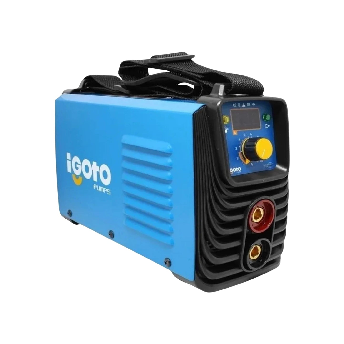 Soldadora inversora Igoto MINI-130 azul portátil para electrodo 130A con pantalla digital y perilla de ajuste.
