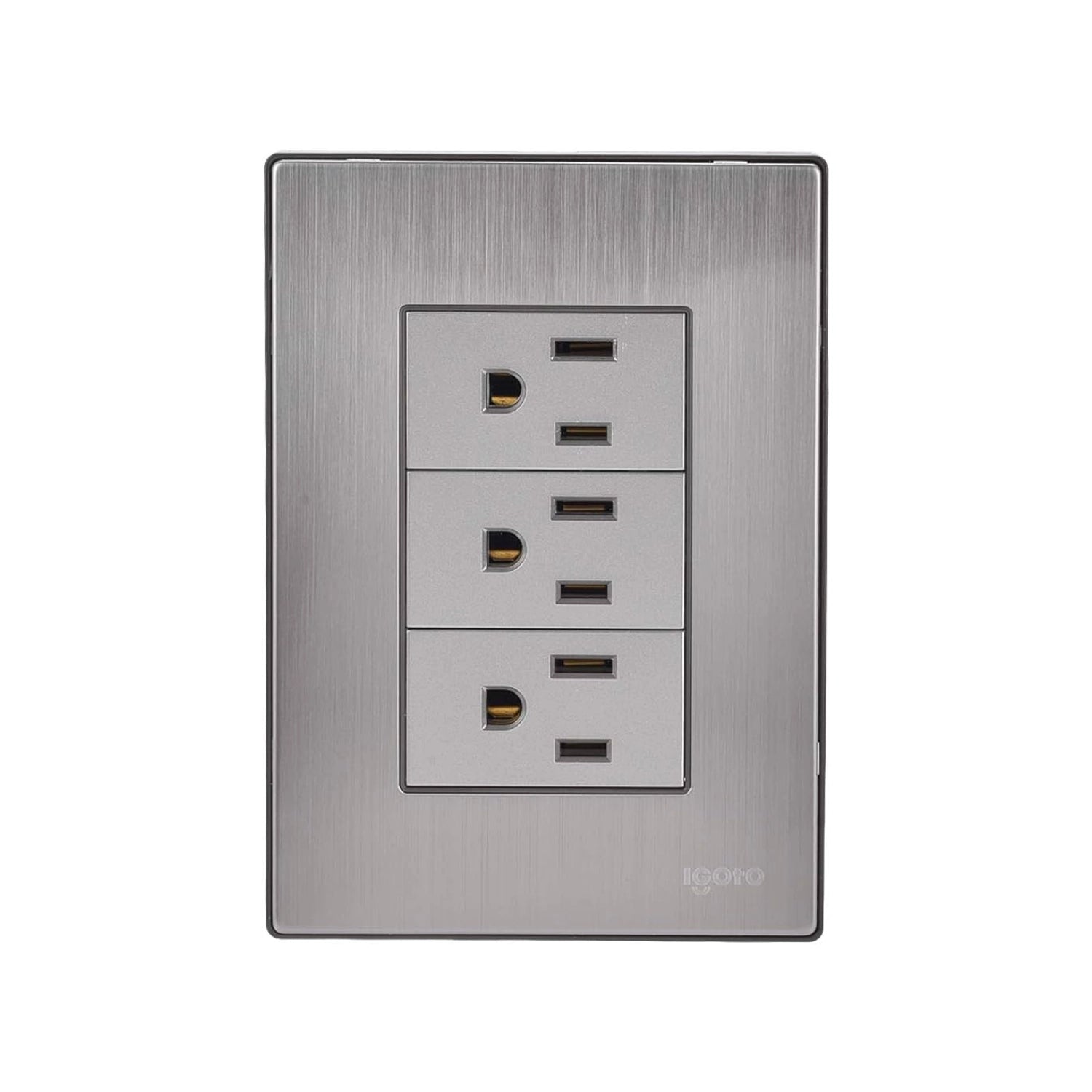 Placa pared Igoto de metal cepillado gris cromo con 3 tomacorrientes y 3 cargadores USB.