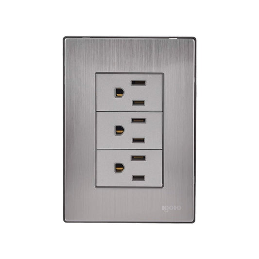 Placa pared Igoto de metal cepillado gris cromo con 3 tomacorrientes y 3 cargadores USB.