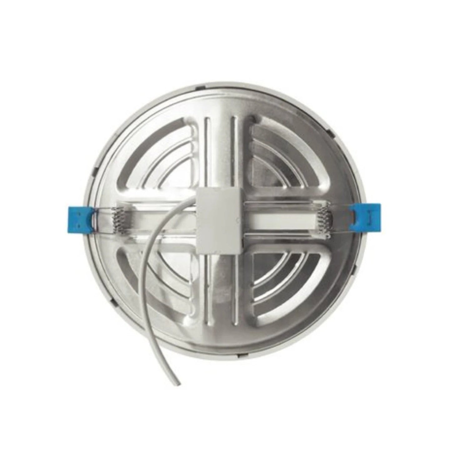 Lámpara panel LED empotrable redonda metálica, vista trasera con disipador y clips de fijación azules