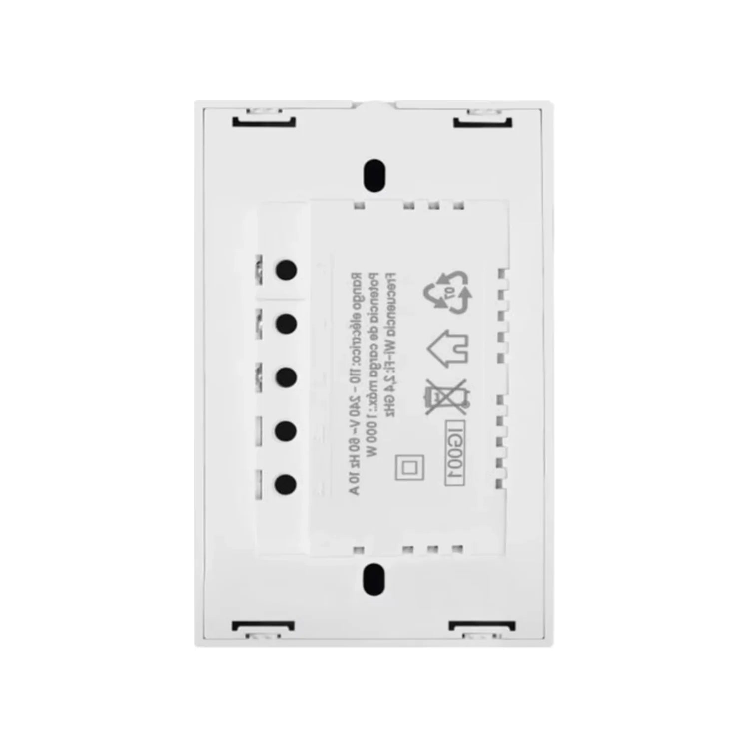 Placa de apagador doble smart WiFi blanco, vista trasera con terminales eléctricos y datos técnicos 10A 1000W