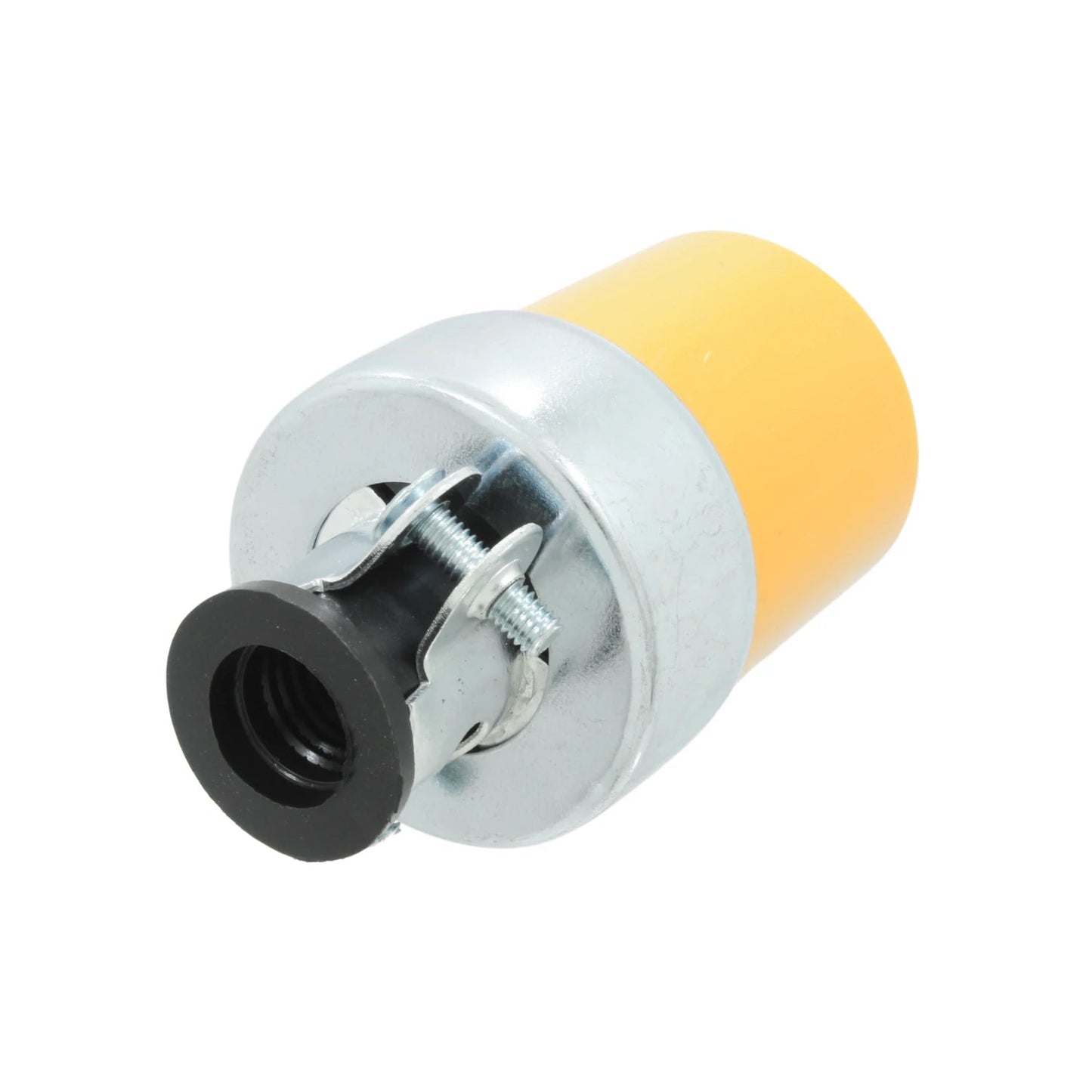 Conector de cable eléctrico industrial amarillo con abrazadera de sujeción metálica y terminal roscado