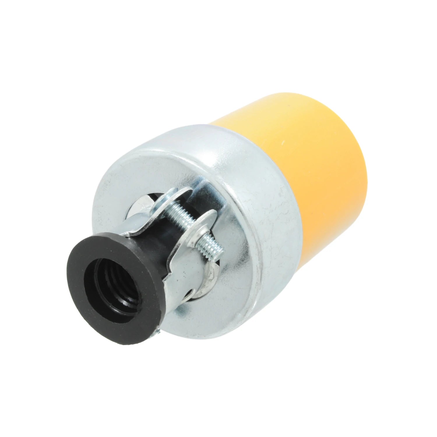 Conector de cable eléctrico industrial amarillo con abrazadera de sujeción metálica y terminal roscado