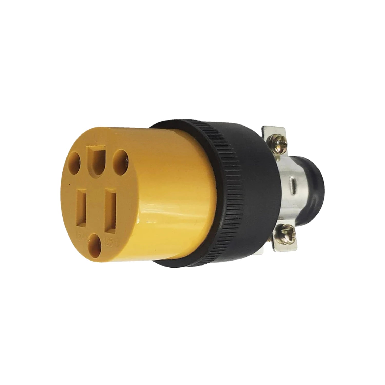 Contacto eléctrico industrial hembra amarillo 15A 125V, aterrizado, con prensaestopas para cable.