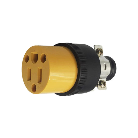 Contacto eléctrico industrial hembra amarillo 15A 125V, aterrizado, con prensaestopas para cable.