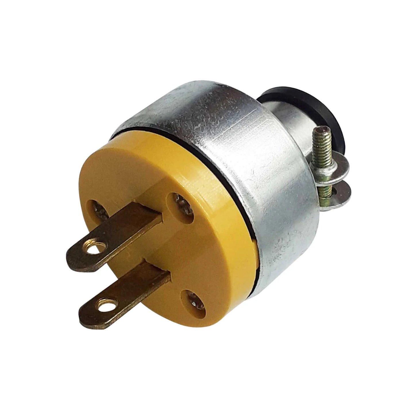 Clavija industrial macho de 2 polos, base amarilla y cuerpo metálico para uso eléctrico resistente