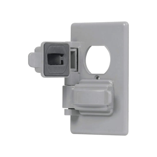 Placa dúplex para intemperie gris, cubierta protectora abatible para toma de corriente exterior