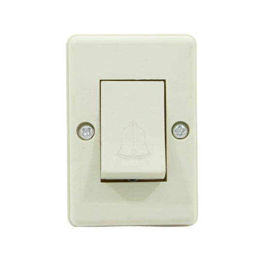 Botón de timbre cuadrado plano beige con icono de campana, pulsador para puerta de entrada