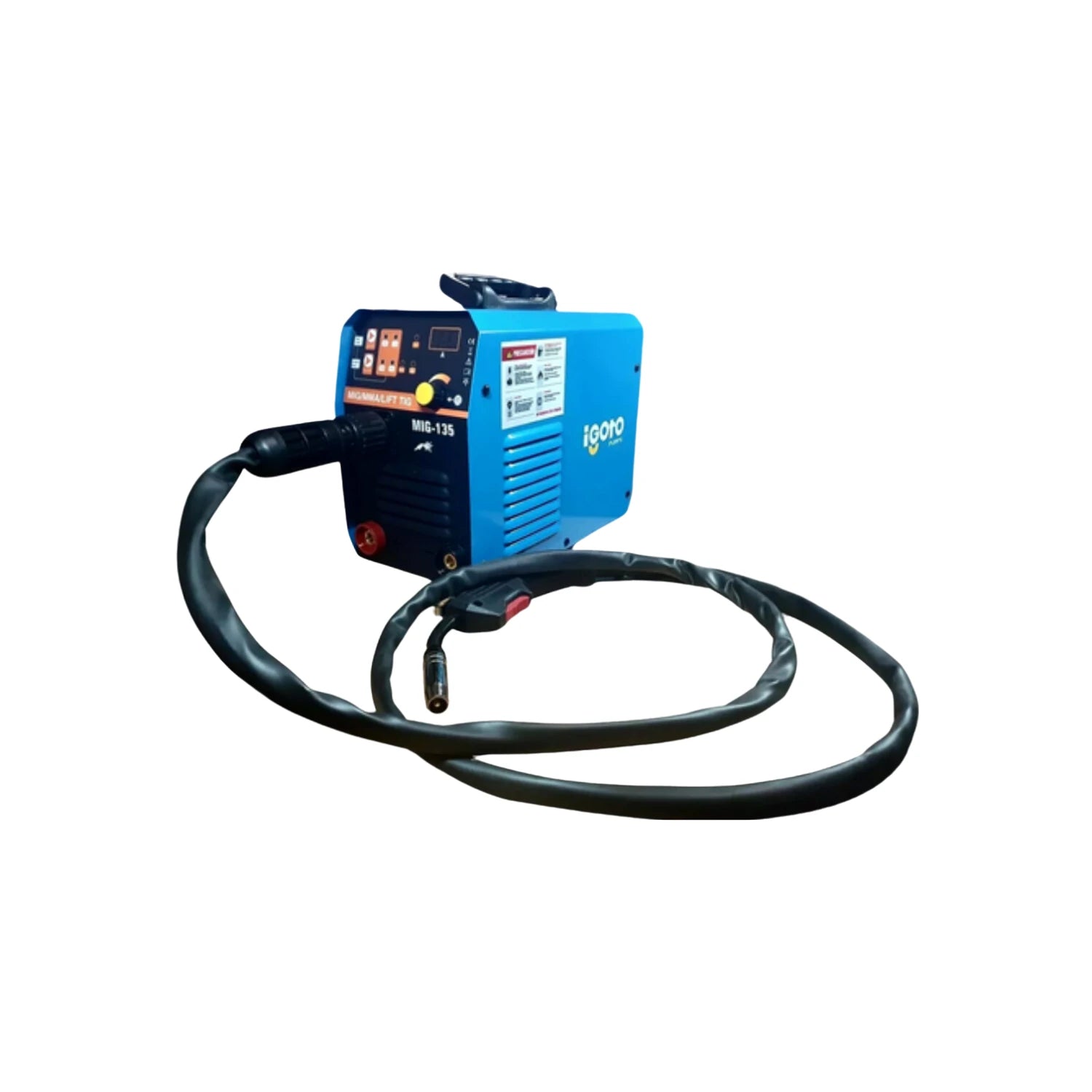 Soldadora inversora azul Igoto MIG-135 para procesos MIG/MAG/TIG, con torcha y cable.