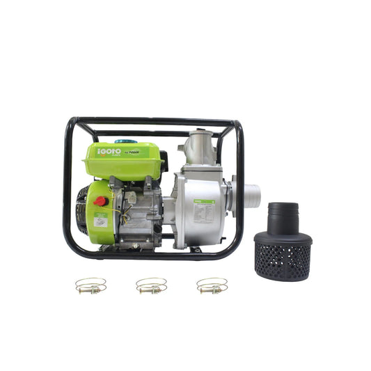 Motobomba de gasolina Igoto con motor verde y bastidor negro, 3x3 pulgadas, incluye abrazaderas y filtro
