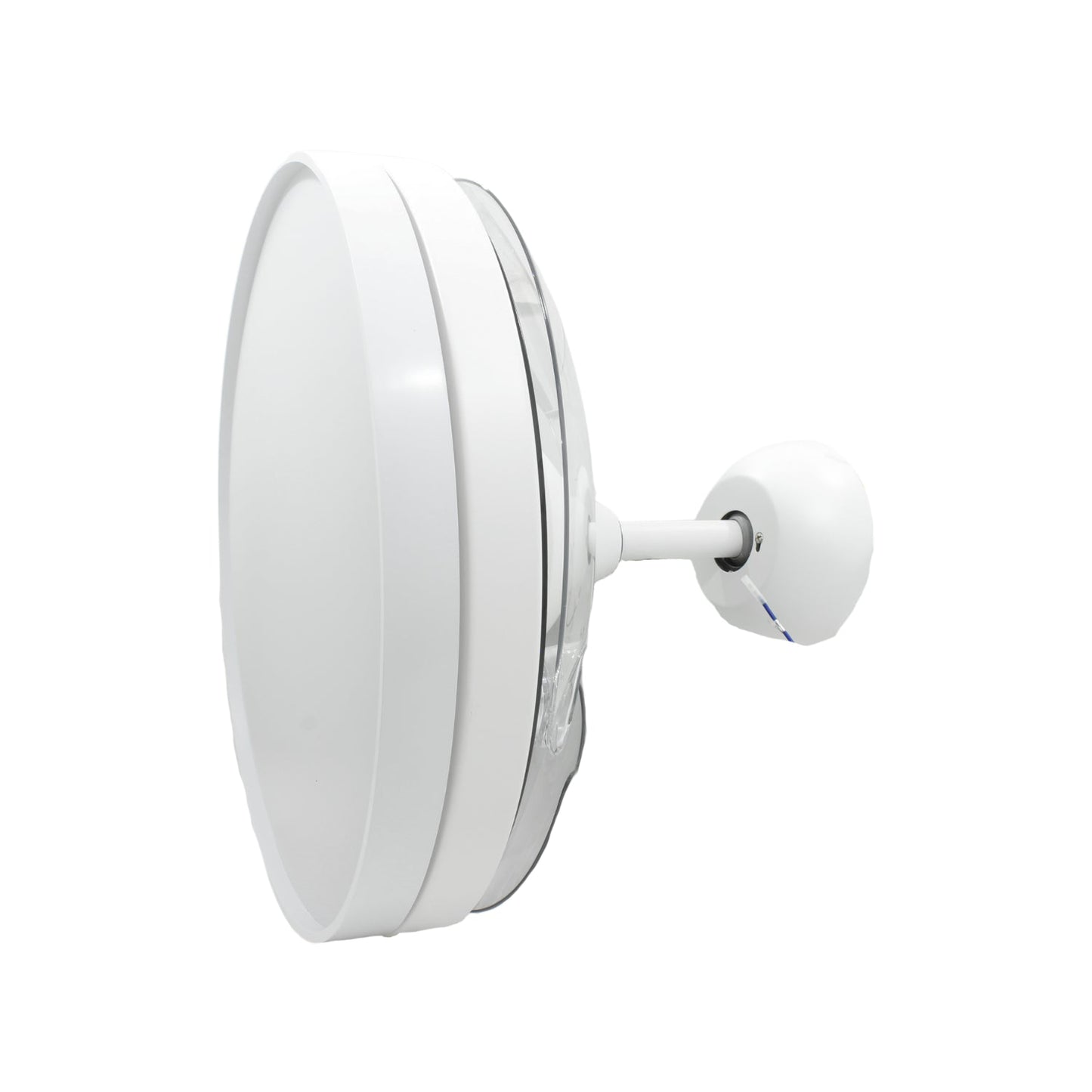 Ventilador de techo blanco moderno con luz LED integrada, diseño compacto y silencioso para el hogar u oficina.
