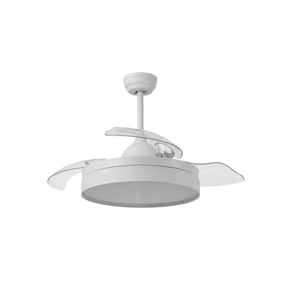 Ventilador de techo moderno blanco con luz integrada y aspas transparentes retráctiles