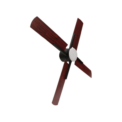 Ventilador de techo moderno con 3 aspas de madera oscura, cuerpo negro y luz LED central para hogar u oficina.