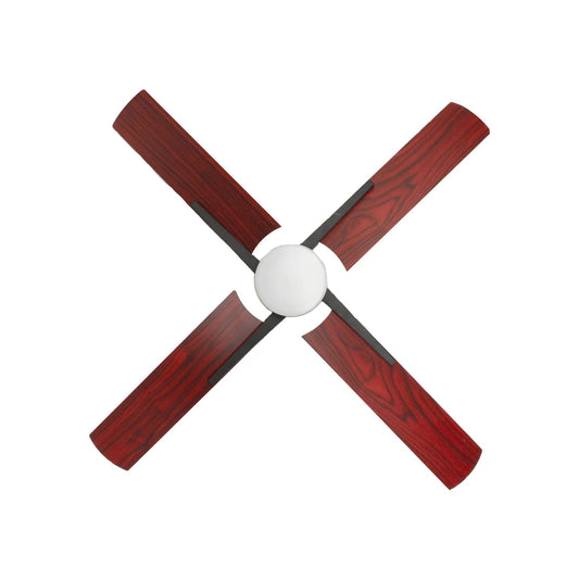 Ventilador de techo con 4 aspas de madera color caoba, brazos negros y luz central blanca, ideal para interiores.