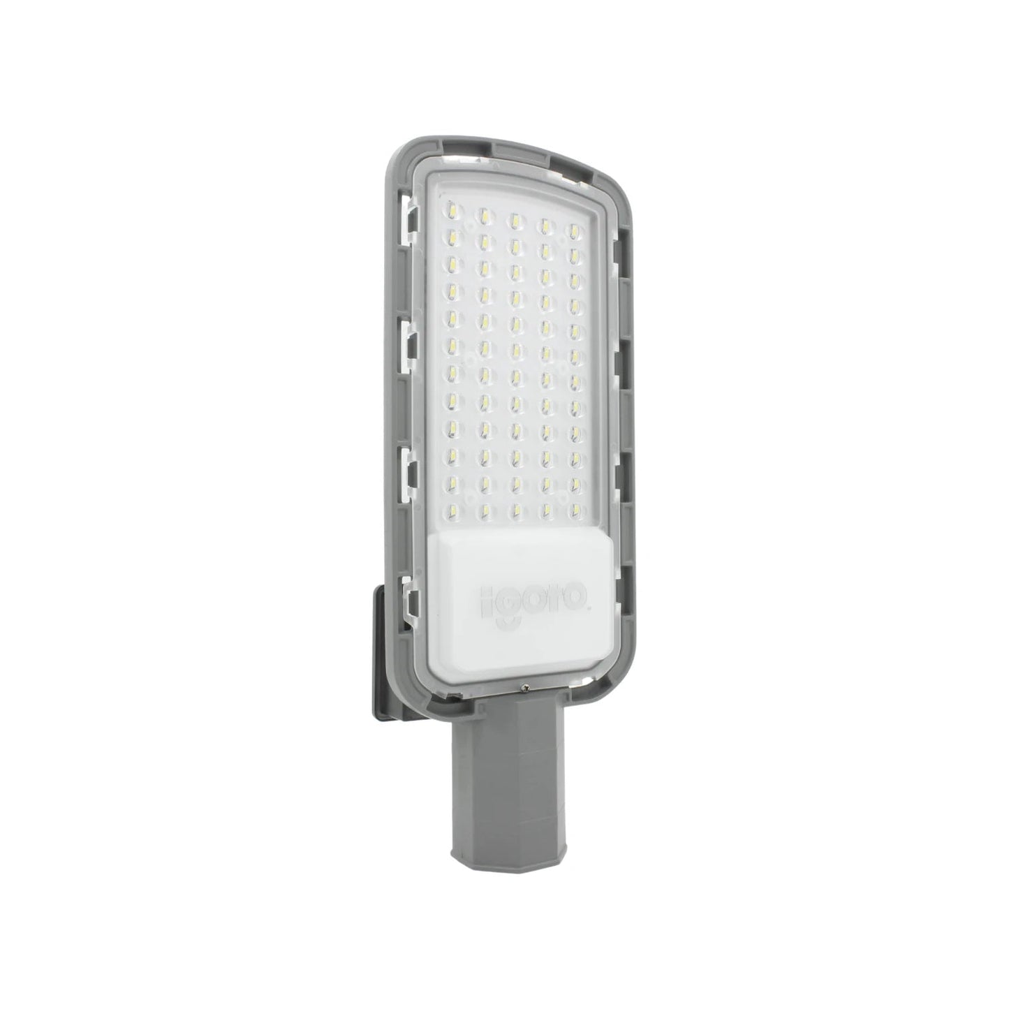 Reflector LED Igoto 50W gris con fotocelda, para iluminación exterior y alumbrado público.