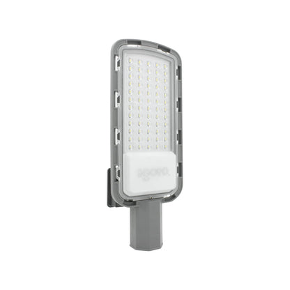 Reflector LED Igoto 50W gris con fotocelda, para iluminación exterior y alumbrado público.