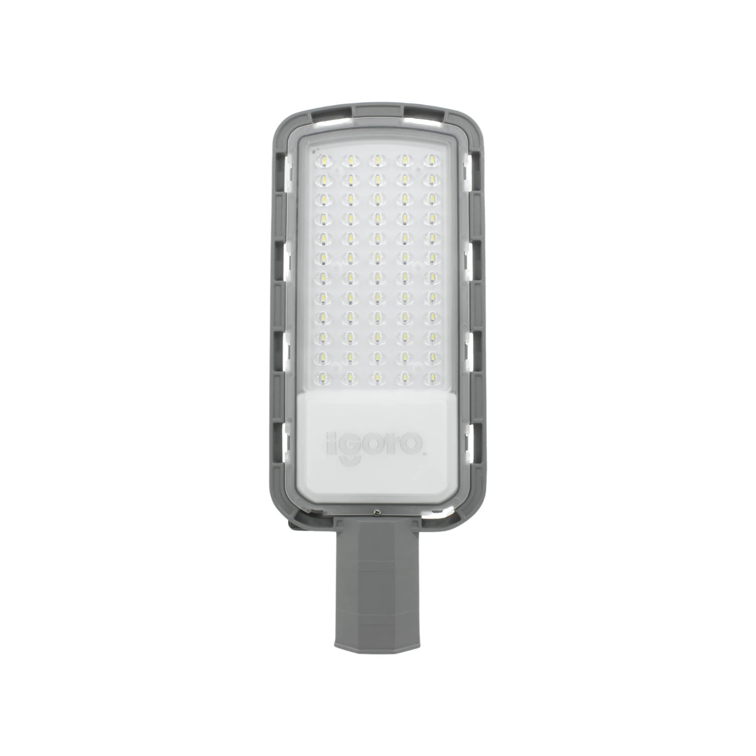 Reflector LED Igoto gris para alumbrado público con fotocelda; luminaria exterior de alta eficiencia.