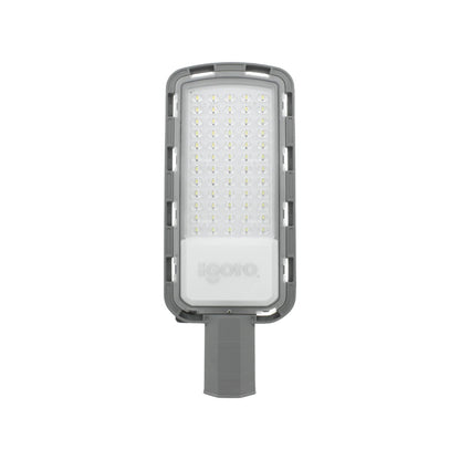 Reflector LED Igoto gris para alumbrado público con fotocelda; luminaria exterior de alta eficiencia.