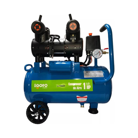 Compresor de aire IGOTO azul 1.5 HP portátil con ruedas, manija y manómetro para uso en taller