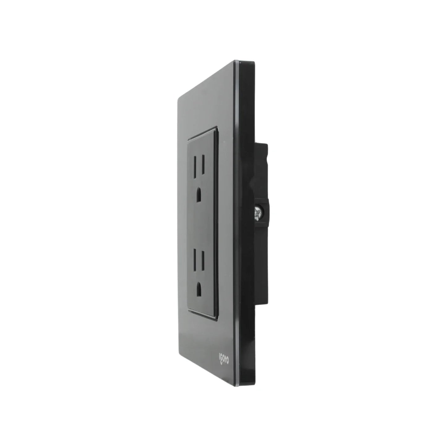 Placa de 2 contactos eléctricos Igoto color negro, con diseño moderno y acabado cristal.