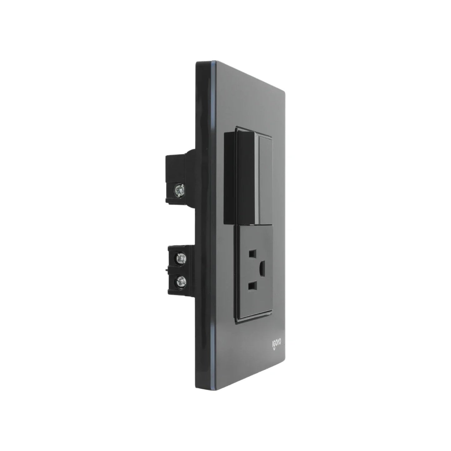 Placa eléctrica Igoto crystal gris oscuro con un apagador de luz y un contacto, vista lateral elegante.