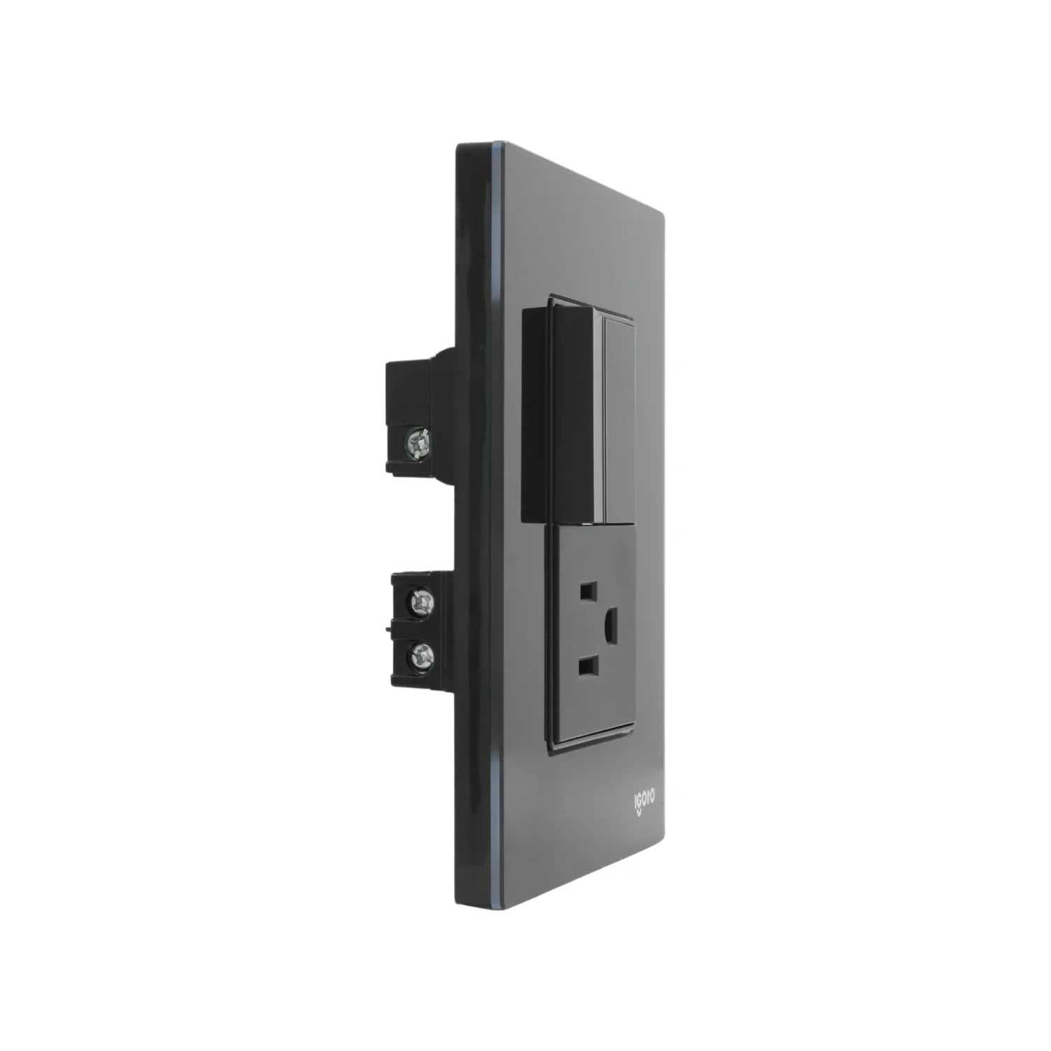 Placa eléctrica Igoto crystal gris oscuro con un apagador de luz y un contacto, vista lateral elegante.