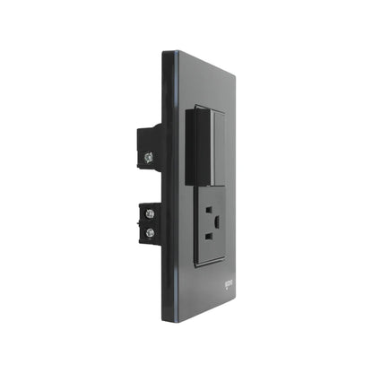 Placa eléctrica Igoto crystal gris oscuro con un apagador de luz y un contacto, vista lateral elegante.