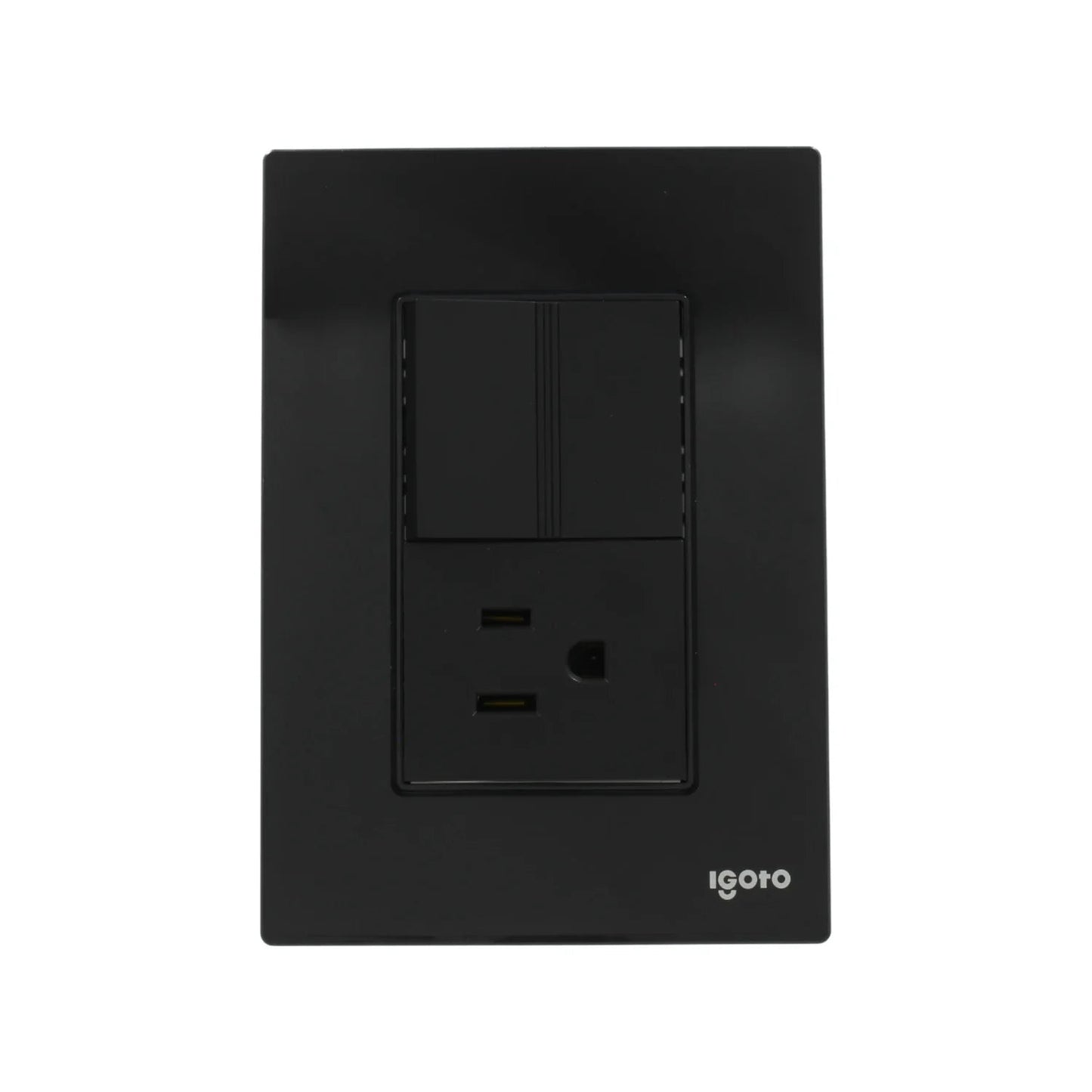 Placa eléctrica negra Igoto con dos interruptores de luz y un contacto de pared