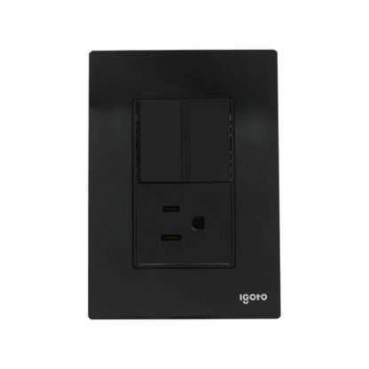 Placa eléctrica negra Igoto con dos interruptores de luz y un contacto de pared