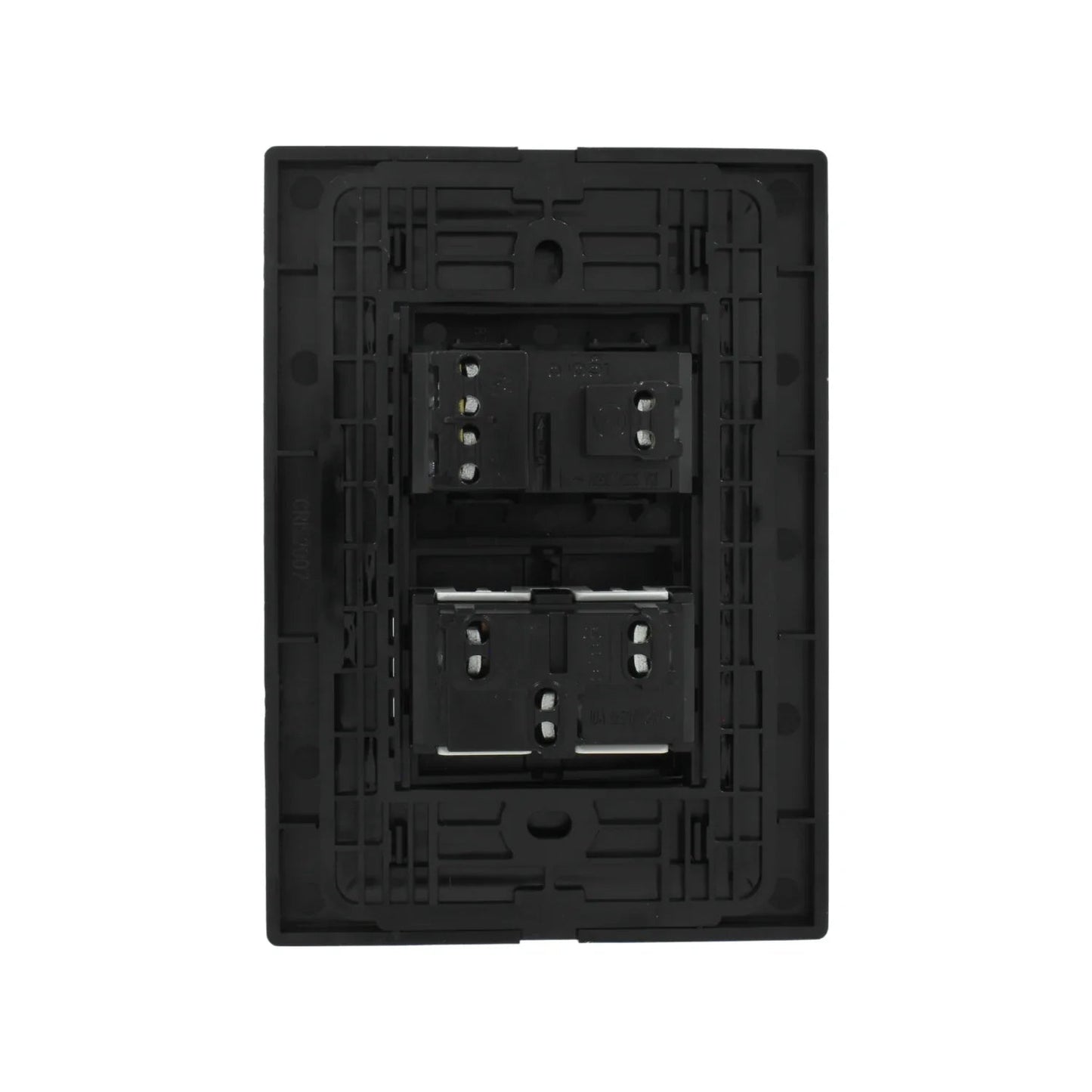 Marco modular negro CRIS2007, vista trasera con dos módulos eléctricos 10A 250V para instalación.