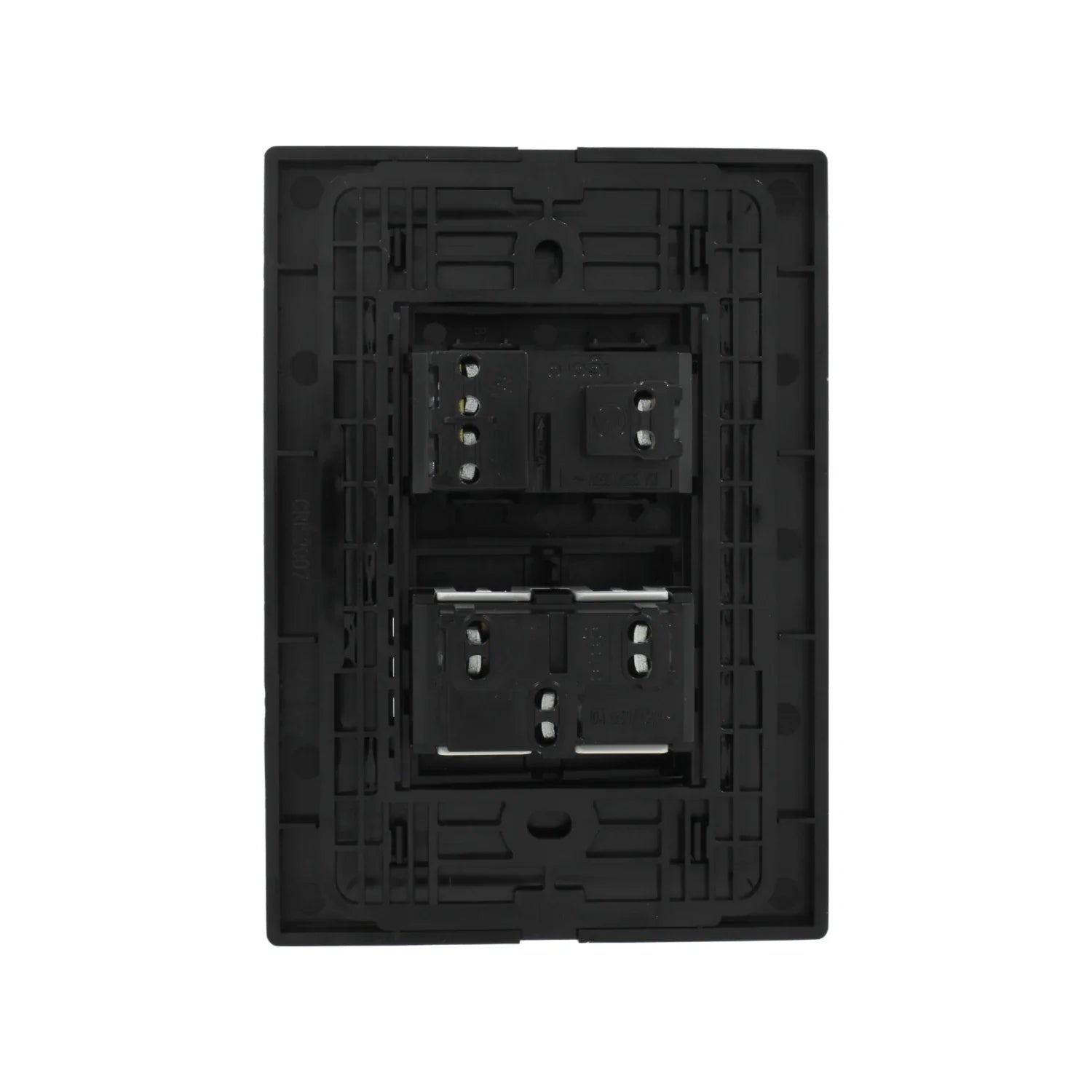 Marco modular negro CRIS2007, vista trasera con dos módulos eléctricos 10A 250V para instalación.