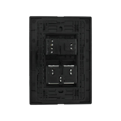 Marco modular negro CRIS2007, vista trasera con dos módulos eléctricos 10A 250V para instalación.