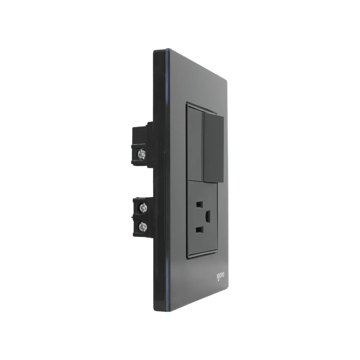 Placa de pared Igoto negra con 1 apagador de escalera y 1 contacto polarizado, acabado crystal.