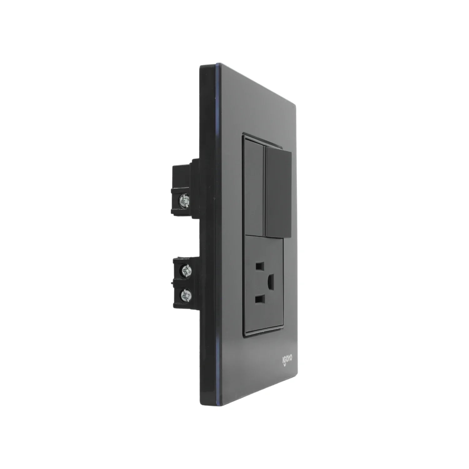 Placa de pared Igoto negra con 1 apagador de escalera y 1 contacto polarizado, acabado crystal.