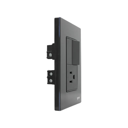 Placa de pared Igoto negra con 1 apagador de escalera y 1 contacto polarizado, acabado crystal.