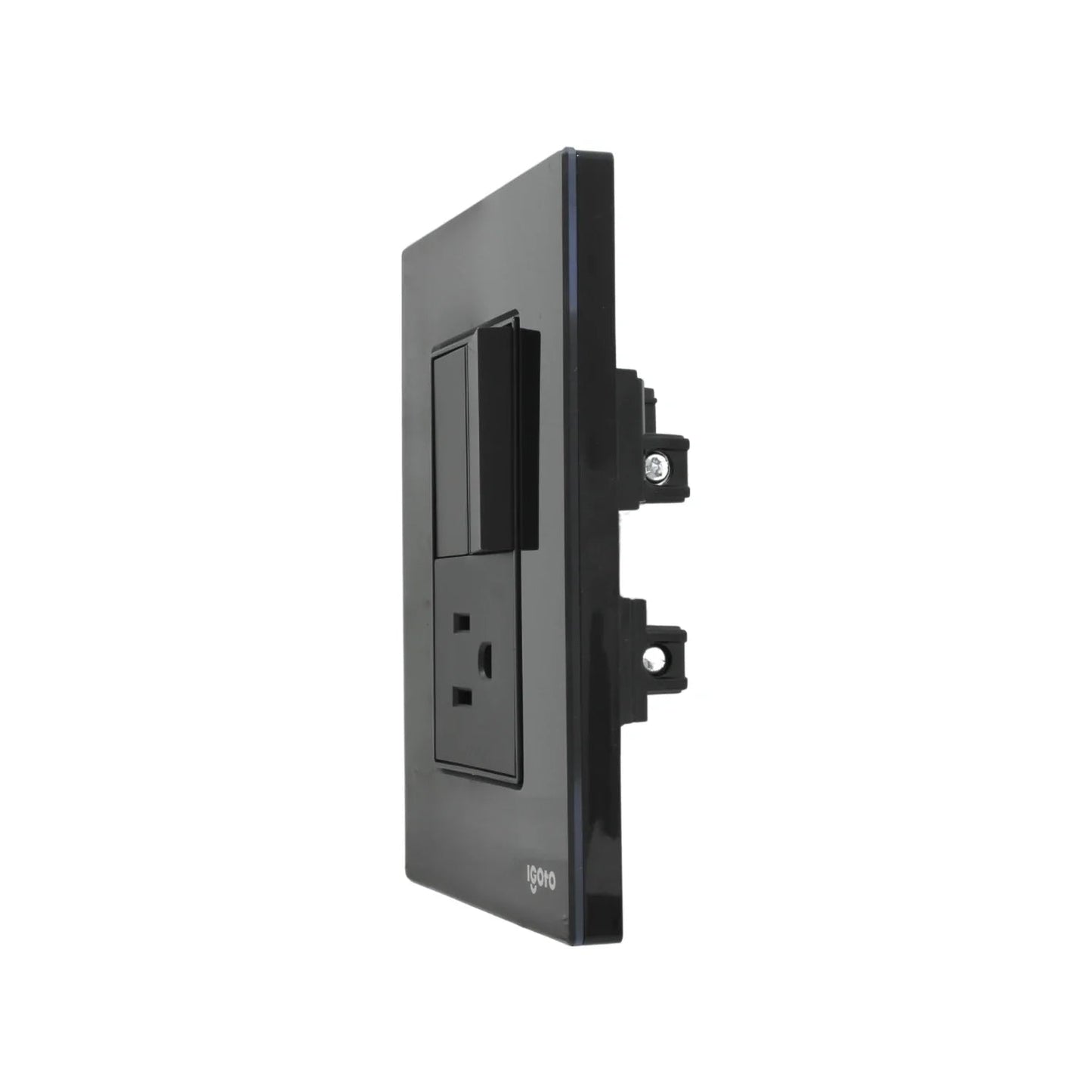 Placa eléctrica Igoto negra con 1 apagador y 1 contacto de corriente para pared
