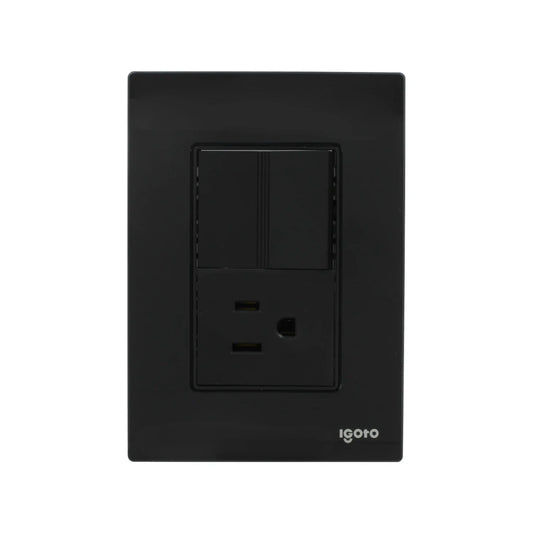 Placa eléctrica negra Igoto con 2 apagadores y 1 contacto. Diseño moderno para interiores.