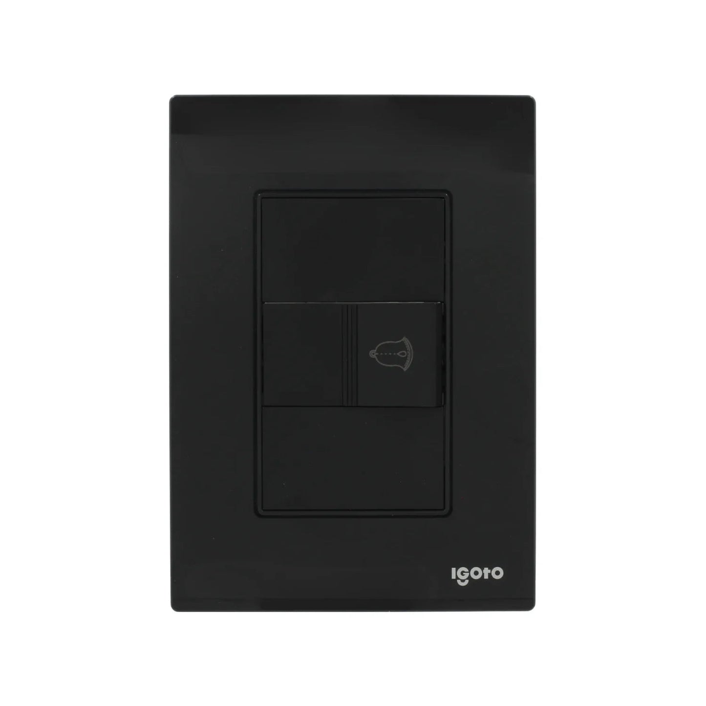 Placa modular negra Igoto con botón para timbre y módulo ciego, acabado crystal.
