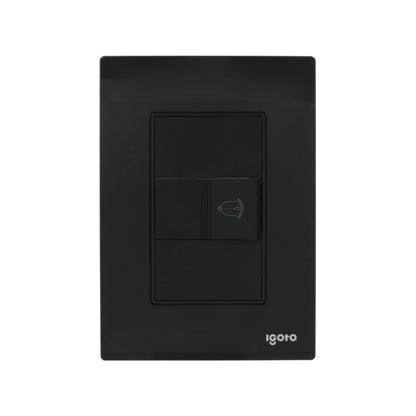 Placa modular negra Igoto con botón para timbre y módulo ciego, acabado crystal.