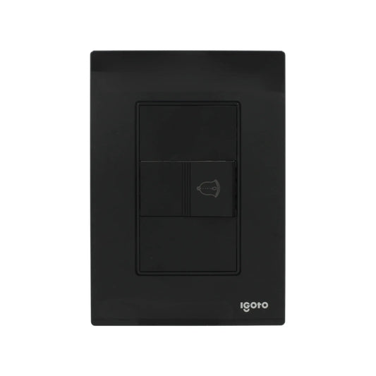 Placa modular negra Igoto con botón para timbre y módulo ciego, acabado crystal.