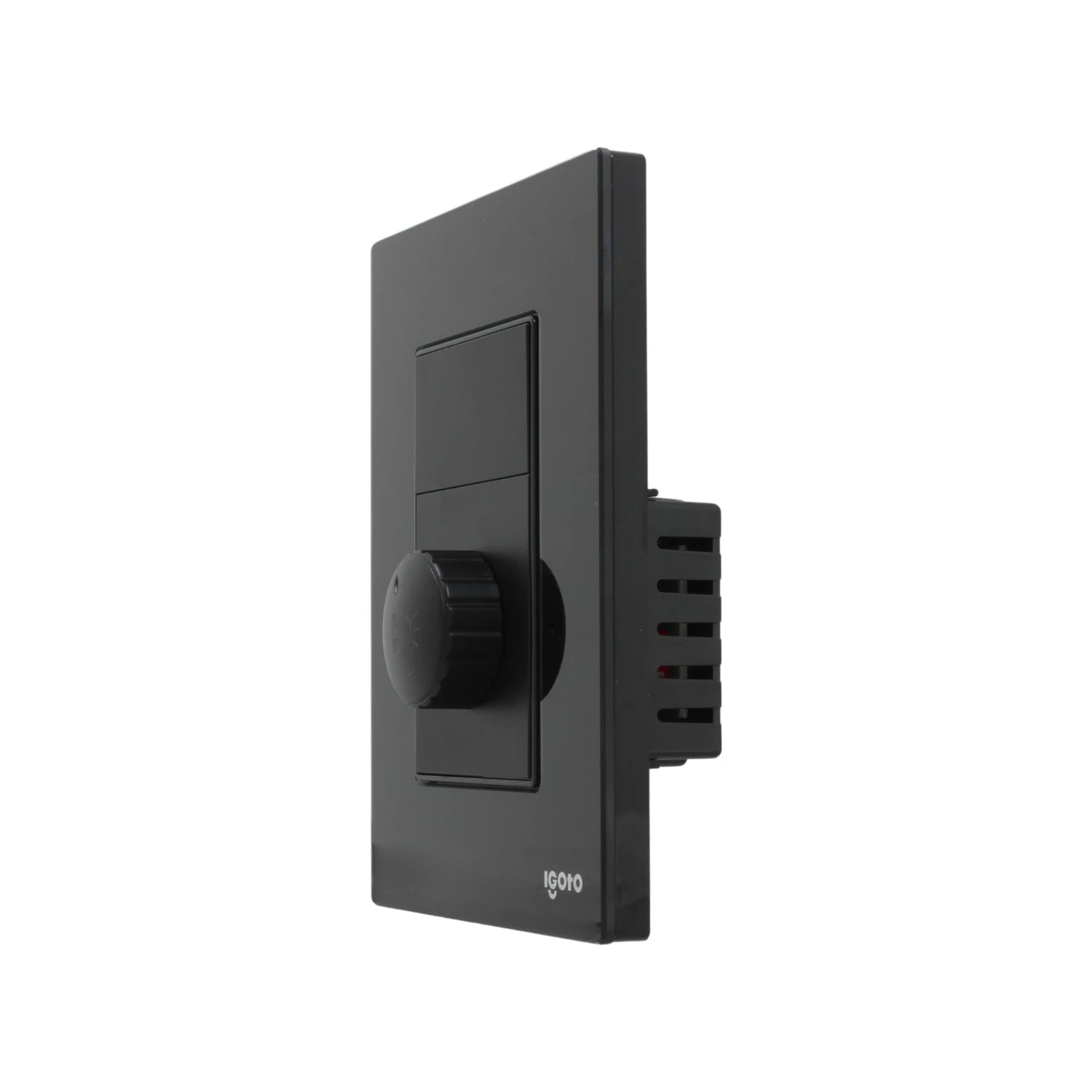 Placa de pared IGOTO negra con 1 dimmer rotatorio y 2 interruptores, para control y atenuación de luz