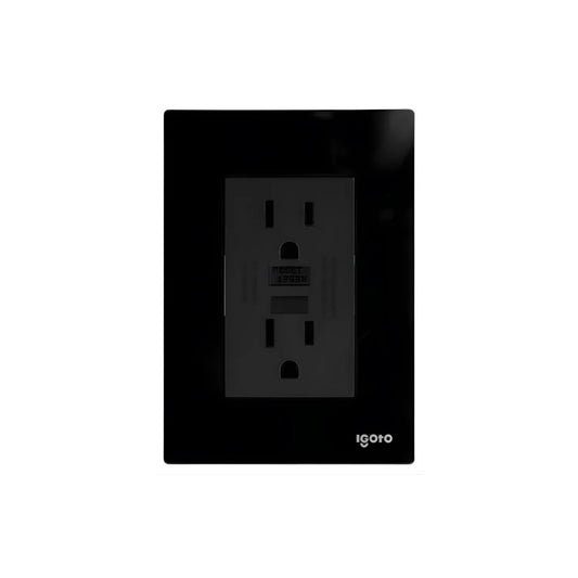 Contacto dúplex GFCI negro Igoto con placa de cristal para protección contra fallas a tierra.