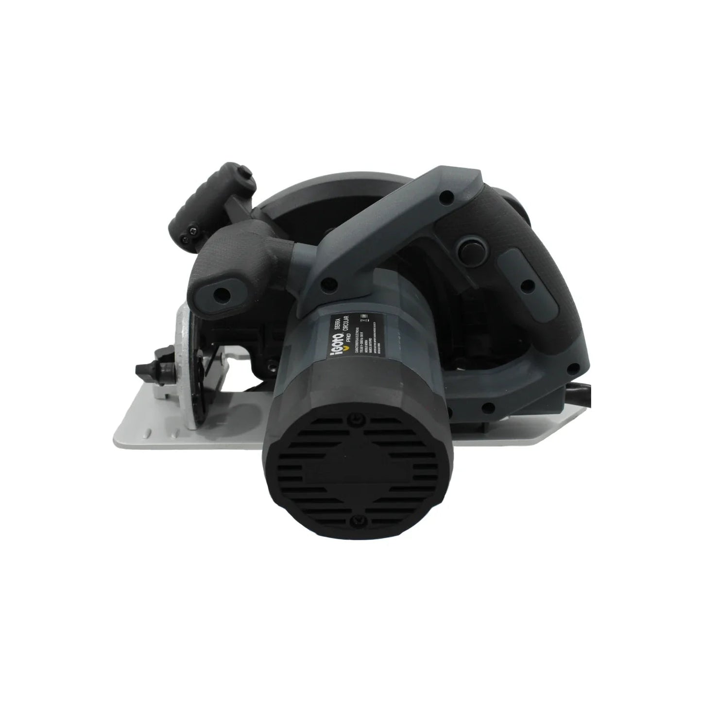 Sierra circular eléctrica Igoto PRO 7 1/2" 1500W gris/negra, potente herramienta para cortes de madera.