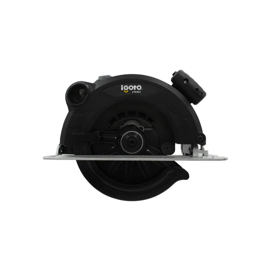 Sierra circular Igoto PRO negra con base de metal, ideal para cortes precisos en carpintería profesional
